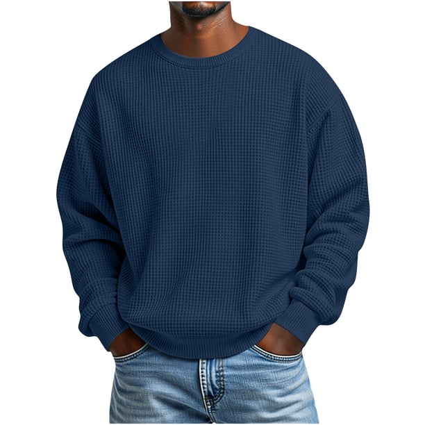 Ceisia Mens Long Sleeve Pullover Loose Sweater Waffle Knit Round Neck Lounge Loose Type Navy XXL Gift