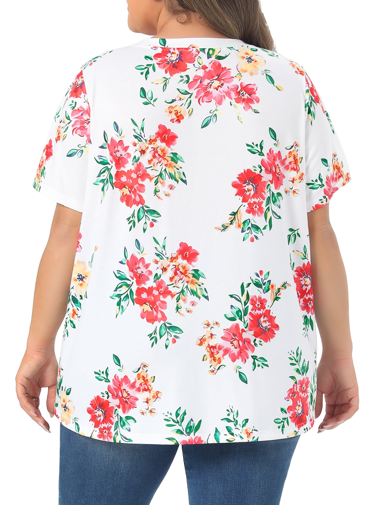 DARING DIVA Women's Plus Floral V Neck Blouse Tee Loose Tunics 3X White