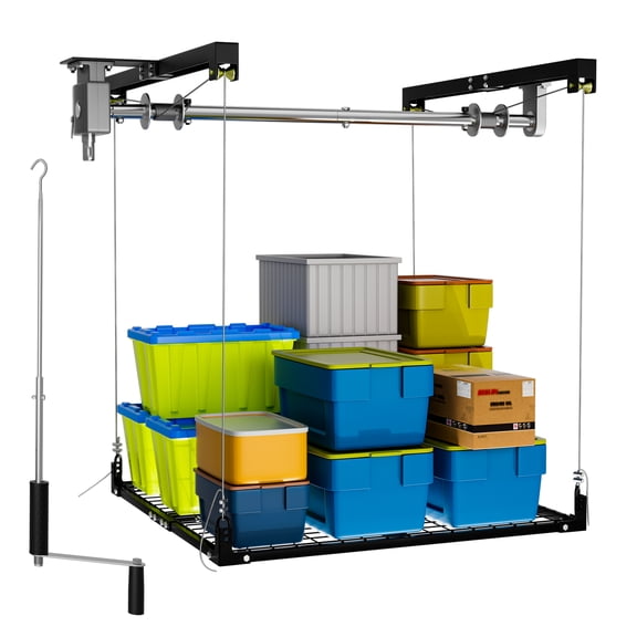 Heavy Duty Garage Ceiling Storage Lift 400 lbs, 4x4 Ft Overhead Storage Platform, Hand Crank & Drill Compatible, Adjustable Garage Hoist System