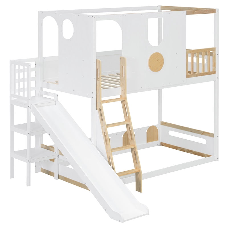 Twin Size Versatile Kids Loft/Bunk Bed with Floor Bed, House Bed Frame with Slide, Storage Shelves and Guardrails