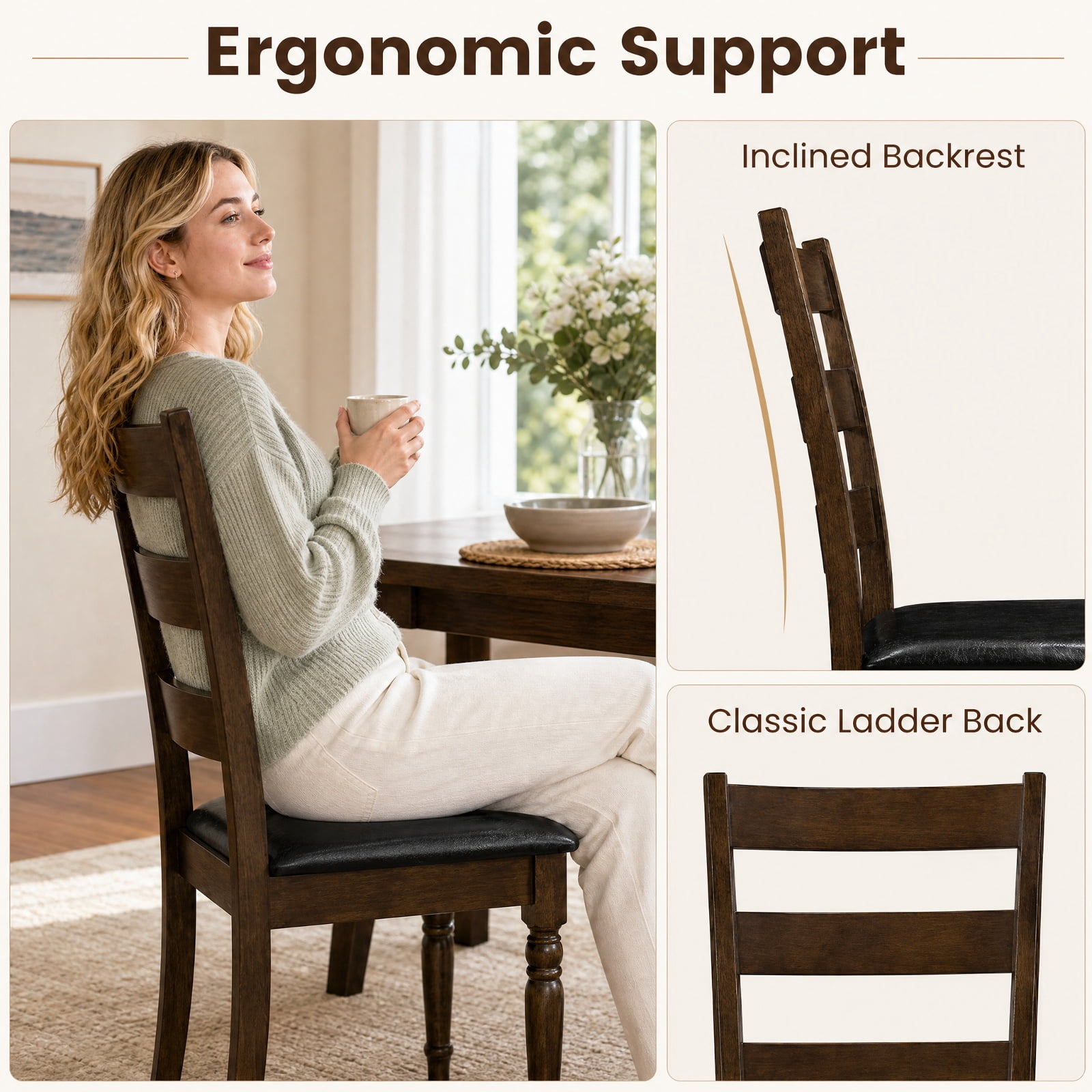Furnibear Farmhouse Dining Chairs Set of 2 PU Leather Upholstered Ladder Back Kitchen Chairs with Spiral Legs for Dining Room, Brown