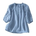 thumbnail image 2 of Embroidered Cotton Linen Blouse Solid Blouses Mexican Blouse Flowy Embroidered Peasant Tops Henley Neck Summer Shirts Cotton Linen Top Flowy Shirts Cotton Linen Blouse Tunic Blouse Blue L, 2 of 7