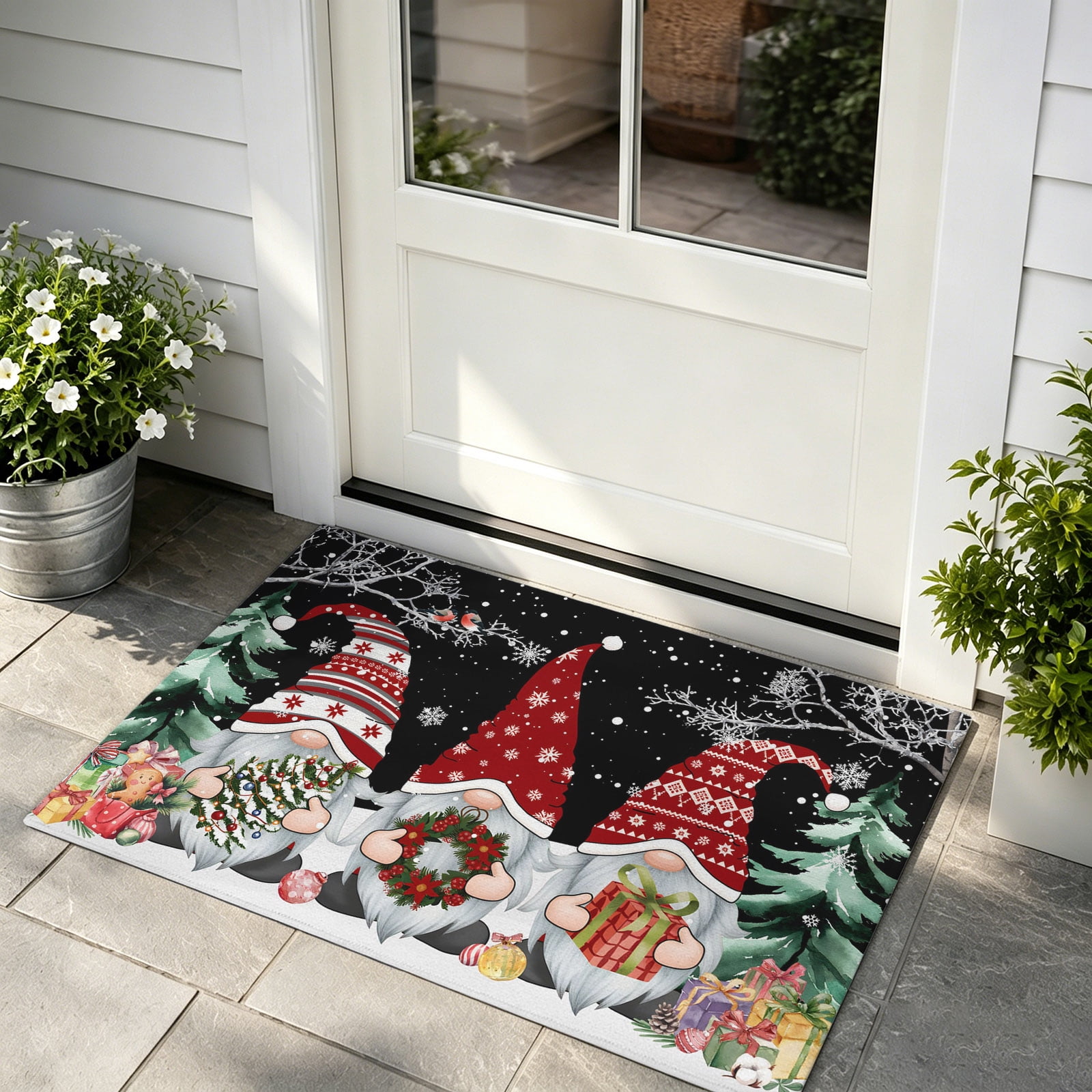 Front Door Mat Indoor Outdoor Entrance Black Red Christmas Low Profile Doormats Non-Slip Backing Gnomes Xmas Tree Snowflake Gifts Birds Absorbent Welcome Mat for Entryway Hallway 16 x24
