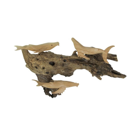 Contrast Carved Wood Humpback Whale Trio on Driftwood Base Wall Hanging