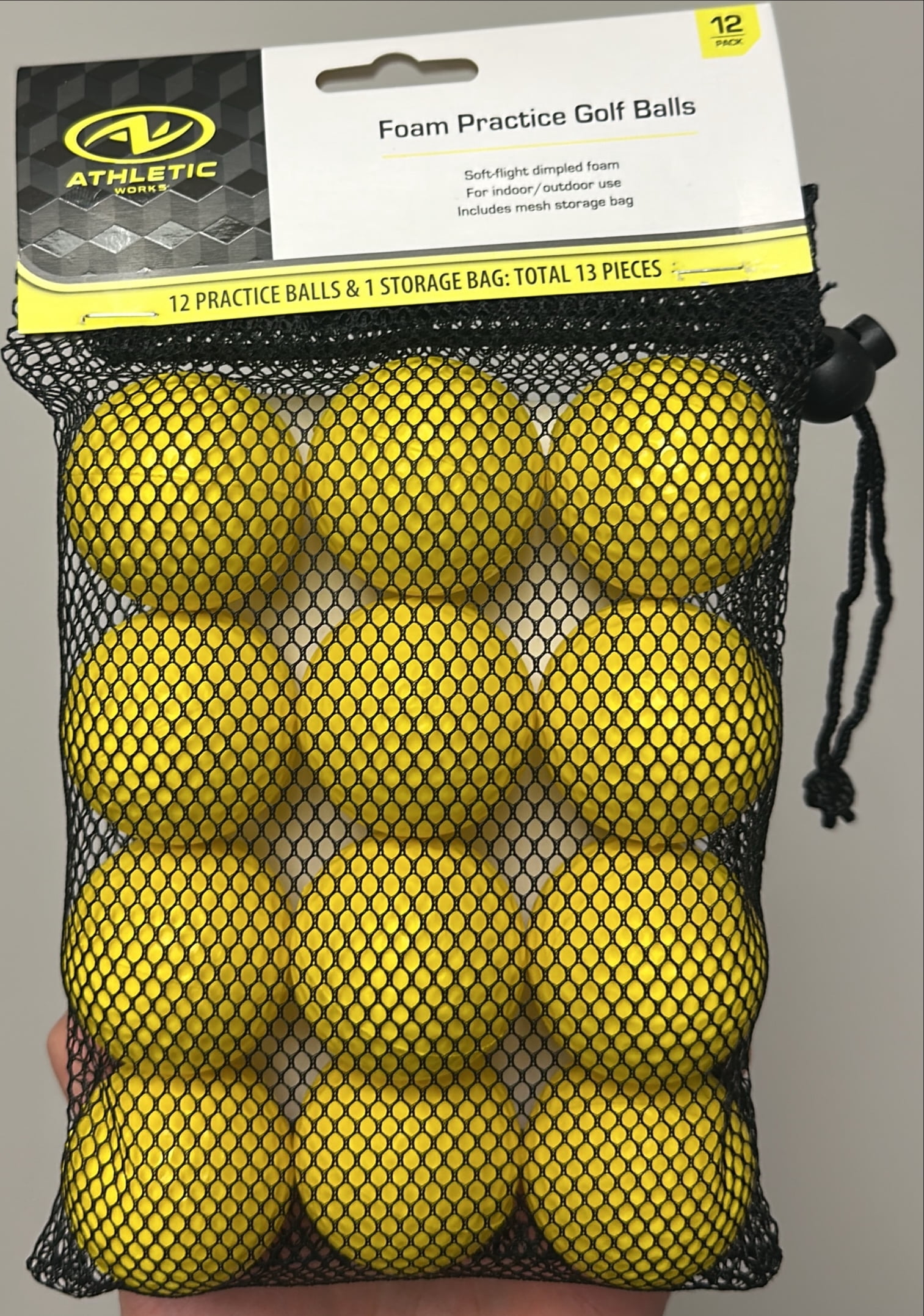 Athletic Works Foam Golf Practice Balls, 12 Count, Yellow – High-Impact Dimpled Balls with Mesh Bag for Indoor & Outdoor Training