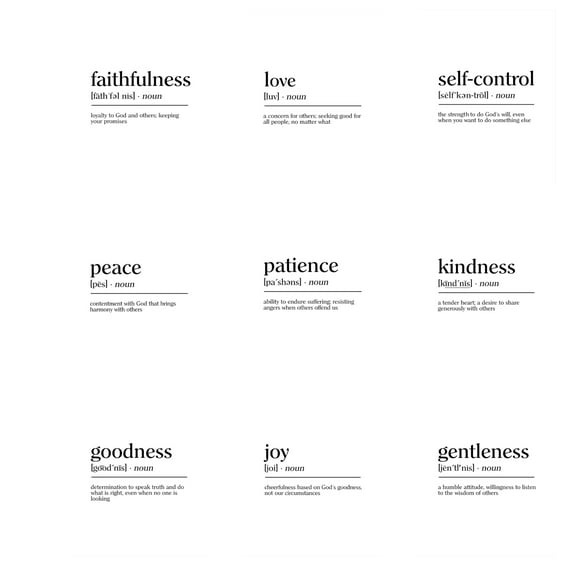 (set of 9) Fruit of the Spirit - Christian Inspirational Wall Art, Motivational Wall Decor For Home, Living Room, Bedroom, Office & Church Decor Poster Print