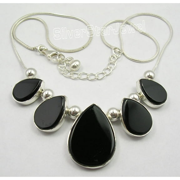 SilverStarJewel .925 Pure Silver Flat Black Onyx Gemstones Handcrafted Big Necklace 18.5"