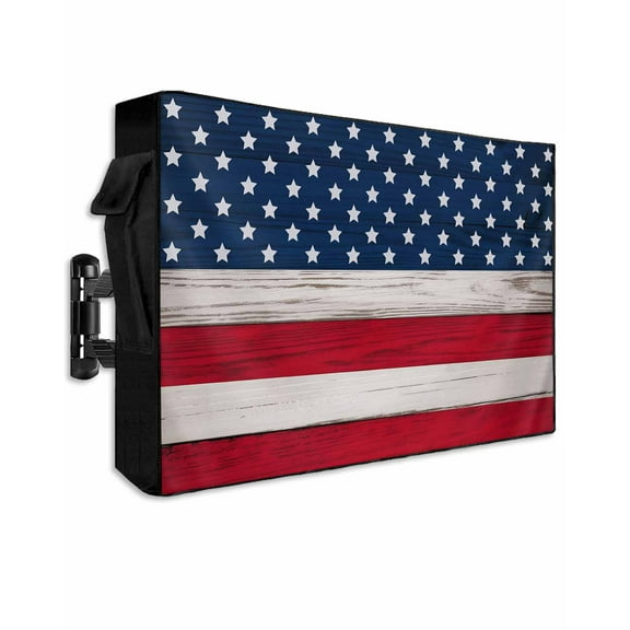 Wooden American Flag Outdoor TV Cover 40 to 43 Inch Weatherproof, Independence Day Star Striped Flag 600D Oxford TV Covers with Waterproof Zipper, Outside Flat TV Screen Protector 40"Wx25"Hx4.5"D