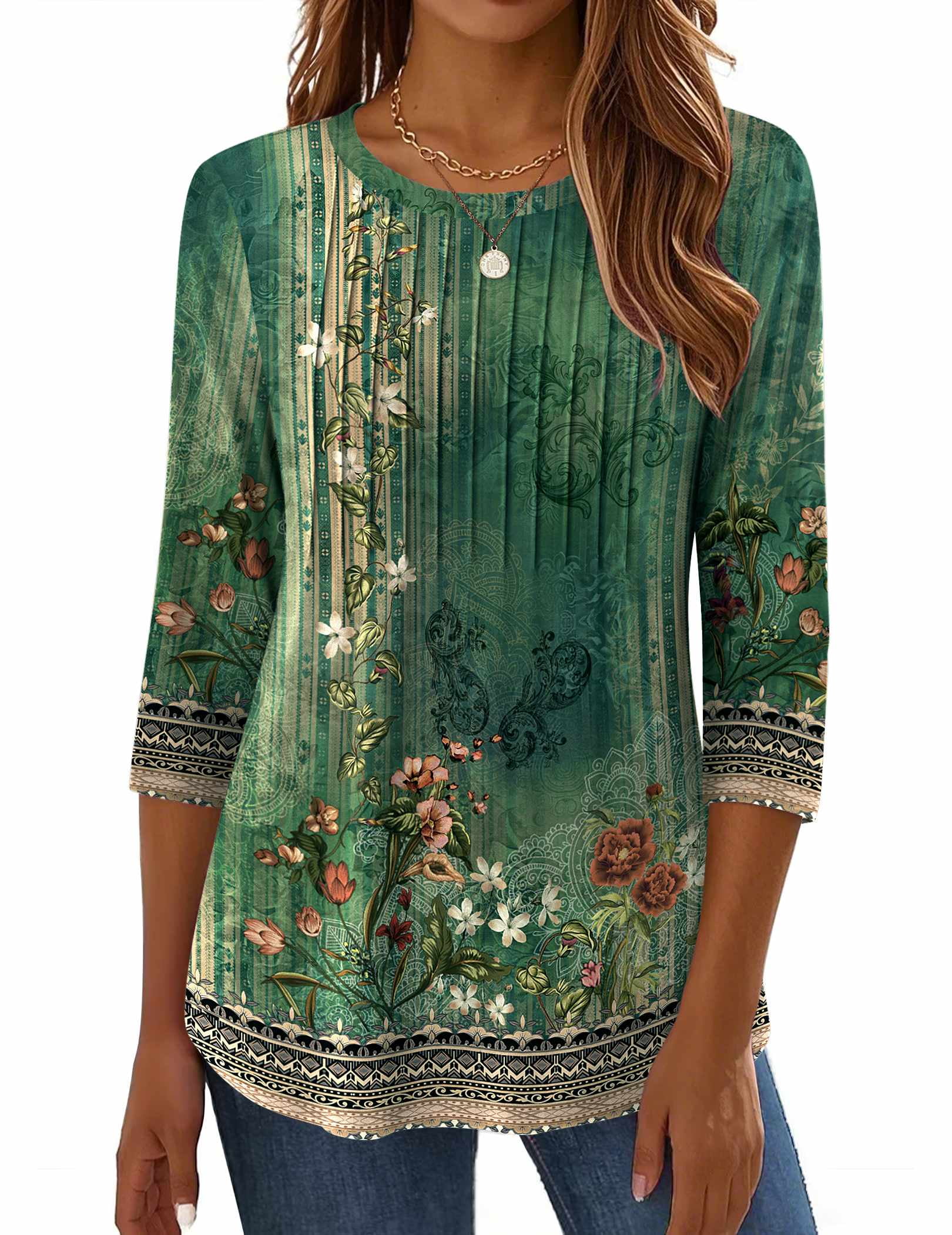 Zeagoo Women Blouses 3/4 Length Sleeve Loose Shirts Cute Spring Summer Blouses Pleated Plus Size Floral Tunics Crewneck Clothes