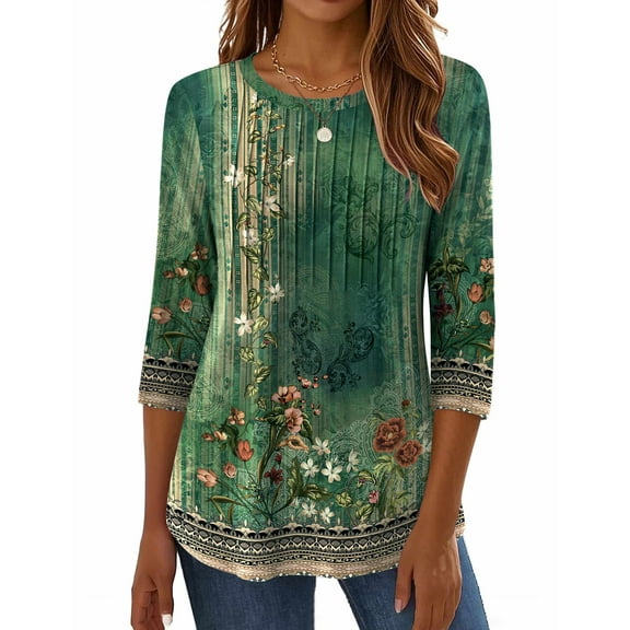 Zeagoo Women Blouses 3/4 Length Sleeve Loose Shirts Cute Spring Summer Blouses Pleated Plus Size Floral Tunics Crewneck Clothes