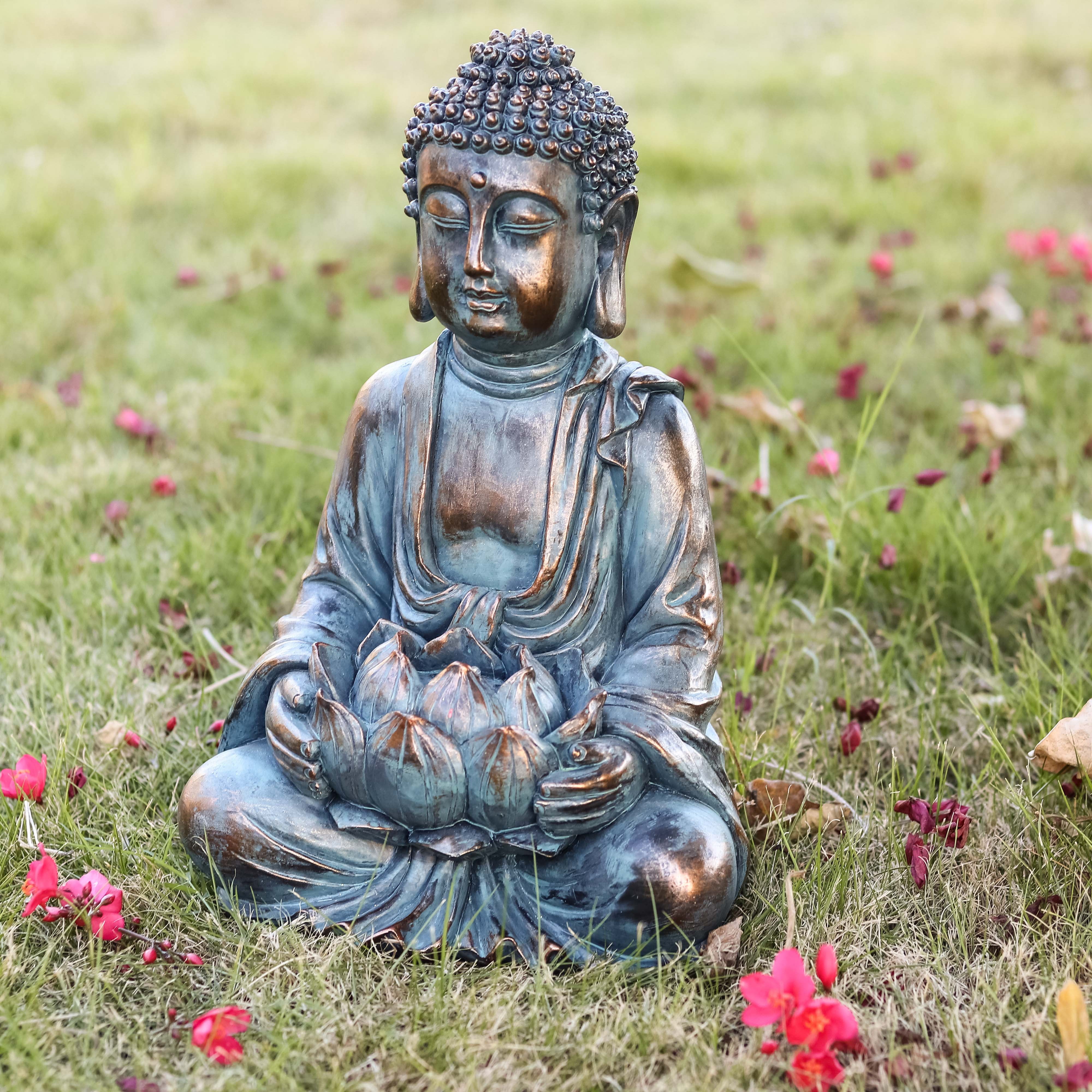 TERESA'S COLLECTIONS Meditating Buddha Statue with Solar Lights, 10.4" Large Resin Garden Sculpture for Home Lawn Yard