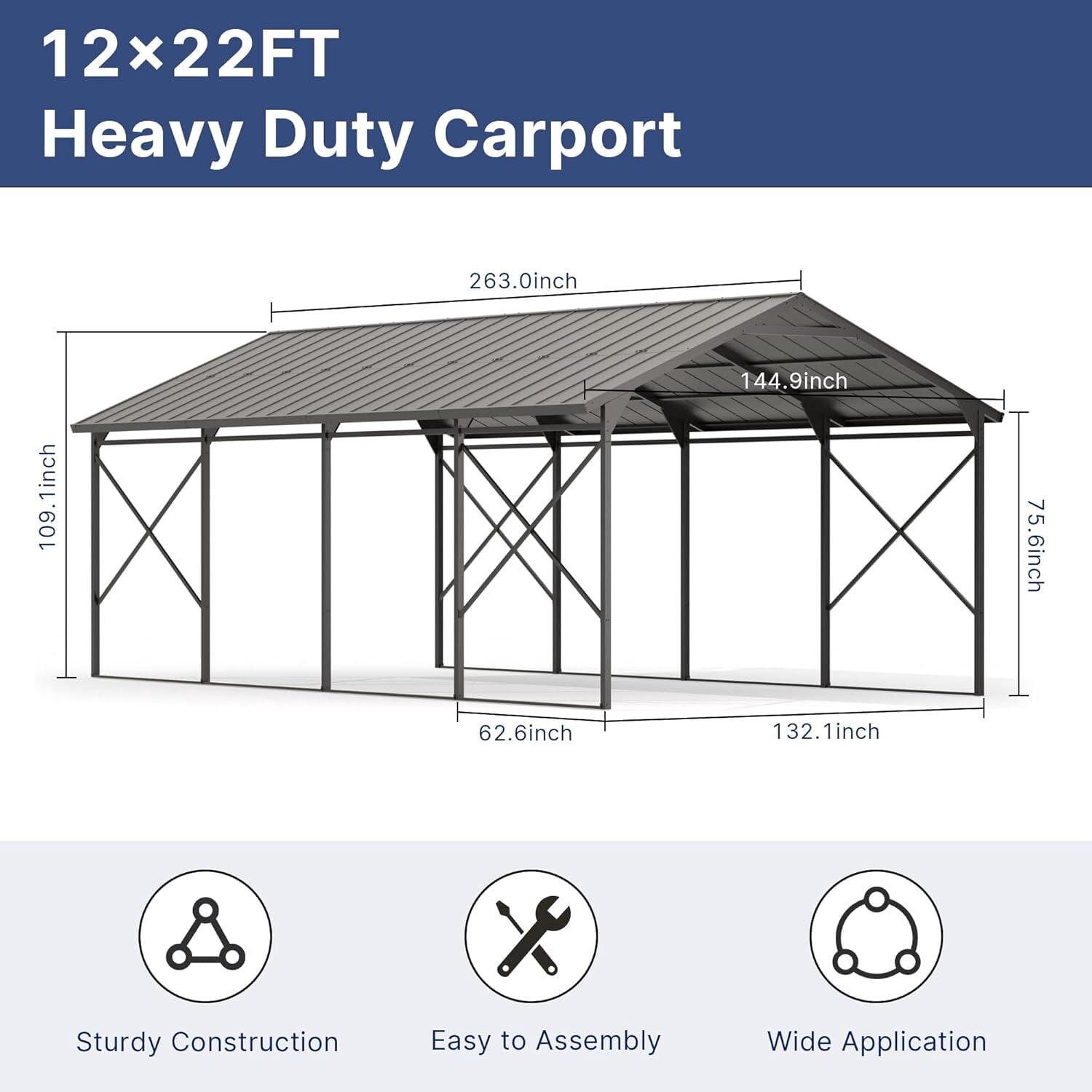 ASJMR 12x22 Ft Metal Carport Hardtop Outdoor Canopy Shelter Garage Gazebo Weather-Resistant with Enhanced Base and Galvanized Steel Roof For Car,Truck,Pickups,Tractors & Boat