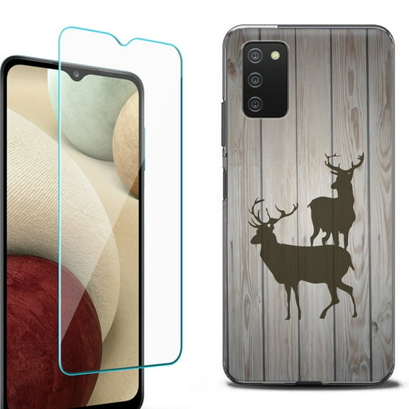 Slim-Fit Protective Fashion Phone Case (Black) for Samsung Galaxy A03s, with Tempered Glass Screen Protector, by OneToughShield ® - Wood/Deer