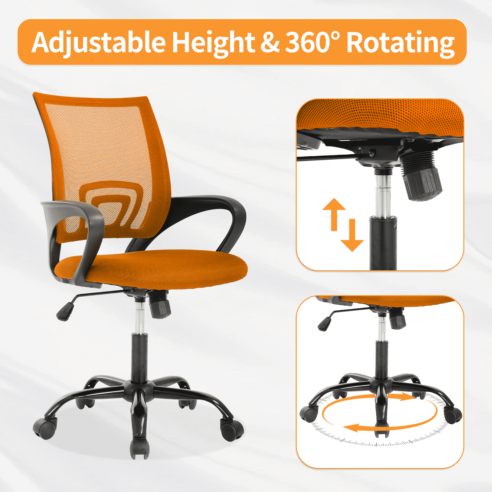 Mid Back Desk Chair Mesh Office Chair Height Adjustable Computer Chair Comfortable Seat & Back Support Ergonomic Task Rolling Swivel Chair with 360 Degree Casters & Armrest,Orange