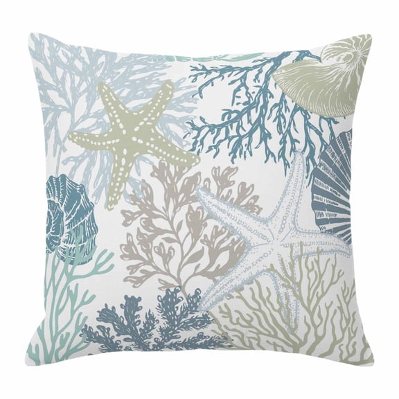 Blue Coral Coastal Pillow Covers 26x26 Inch, Summer Beach Ocean Starfish Conch Linen Pillowcase with Invisible Zipper, Decorative Throw Pillow Covers Cushion Case for Couch Sofa Bed Living Room