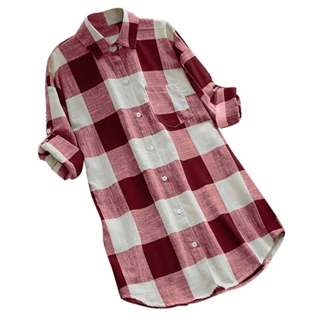 T-Shirt Joyeux Nouvel An pour Femmes Col Rond Imprimé à Carreaux Manches Longues Boutons Hauts Décontractés Blouse