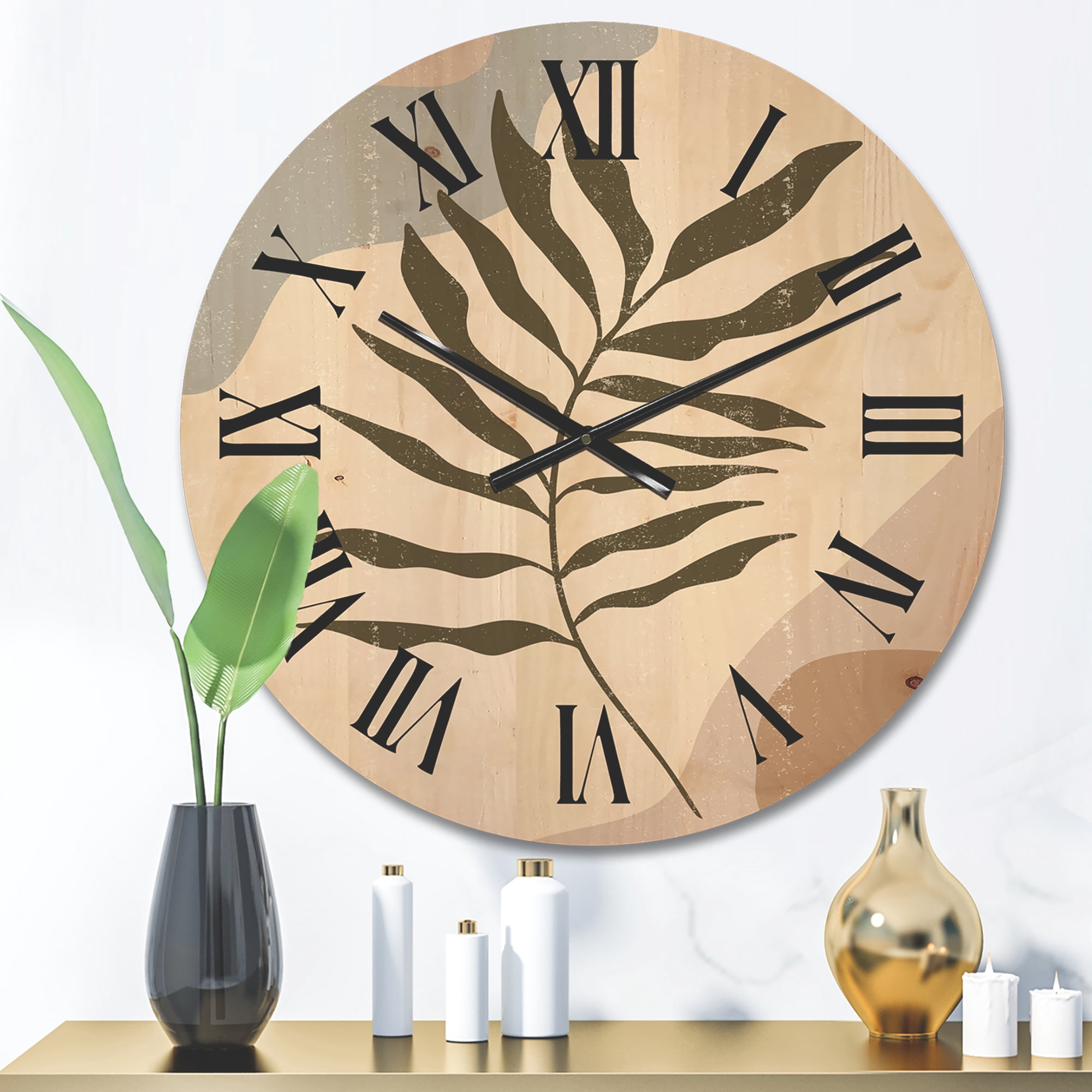 Designart 'Abstract Botanical Minimalist Leaf In Earth Tones I' Modern Wood Wall Clock