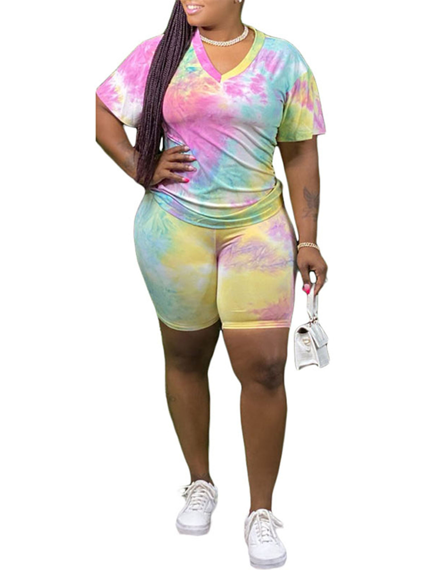 Shorts Set Two Piece Tracksuit Women Short Sleeves Tie Dye Casual Crop Top