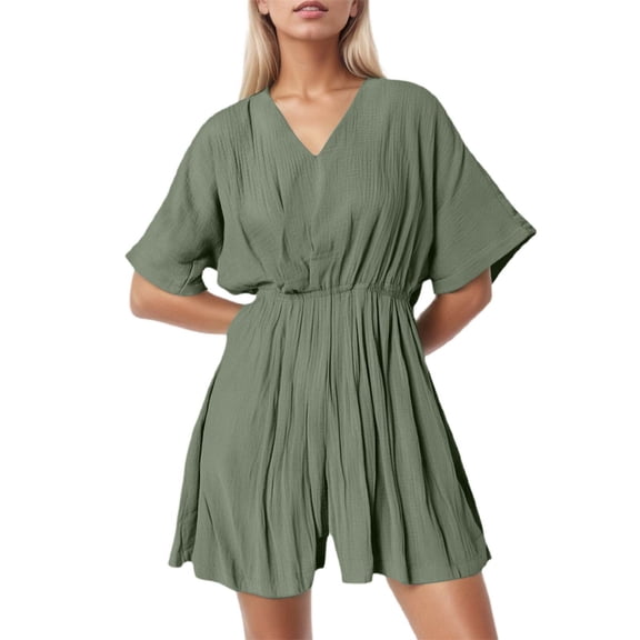 Women's V-Neck Wide Leg Short Sleeve Jumpsuit - Casual Summer Romper for Daily/Home Comfort