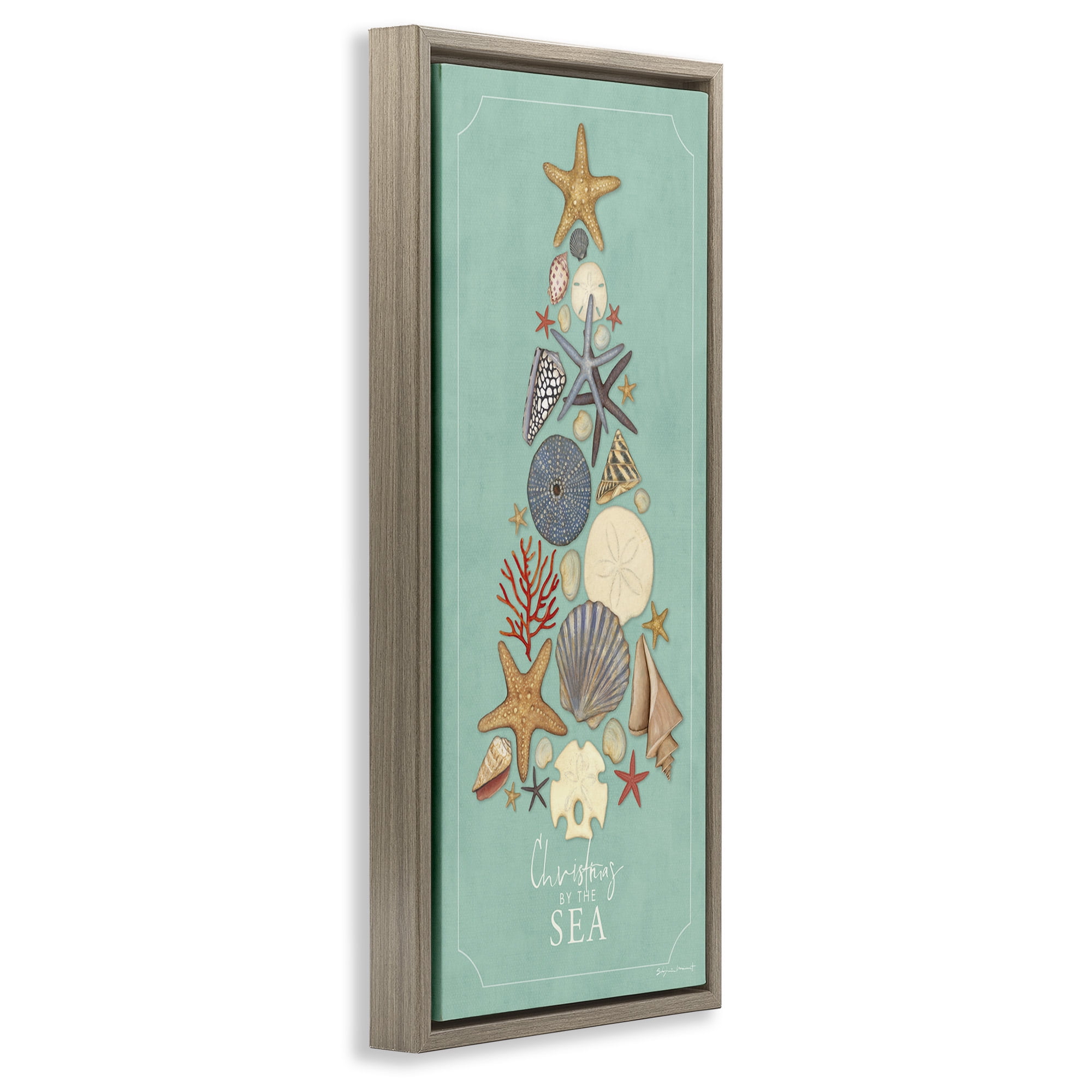 Stupell Industries Seashell Holiday Tree Holiday Painting Brown Floater Framed Canvas Art Print Wall Art, 11 x 25