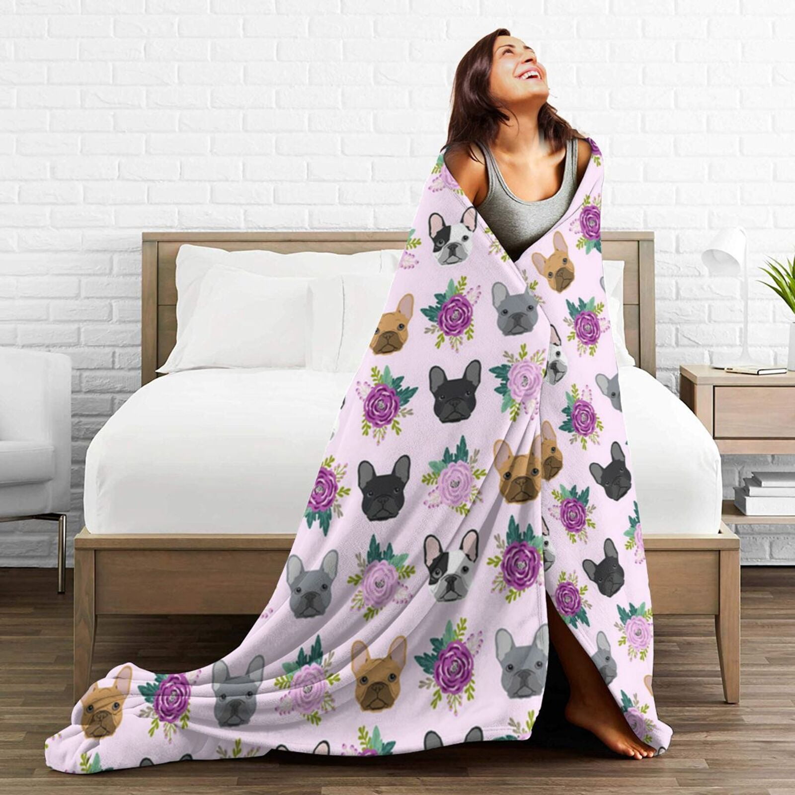 Wijzvio French Bulldog Dog Floral Flower Throw Blanket Soft Fuzzy Fleece Blanket For Couch Bed Living Room Decoration 60"X50"