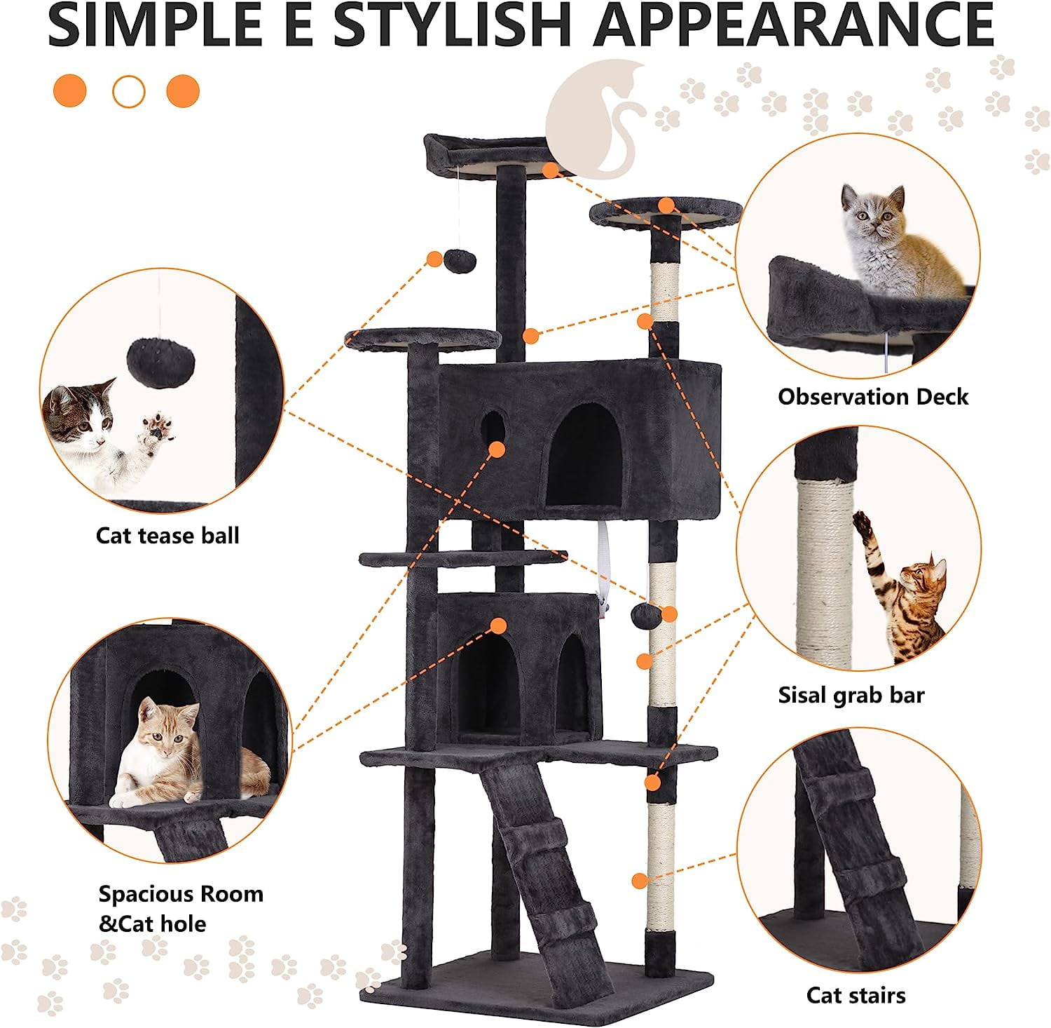 Dkelincs 70"H Large Multilevel Cat Tree, Double Condo Cat Tower with Scratching Post Tower & 3 Top Perches, Dark Gray