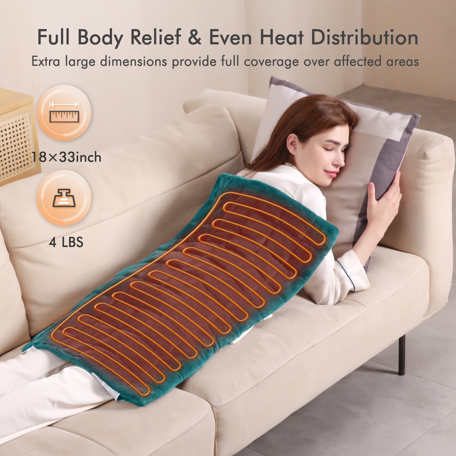 MaxKare Extra Large Weighted Heating Pad 33" X 18", 6 Heating Levels & 3 Time Settings for Back Neck Shoulder Stress & Cramps Relief, Light Blue