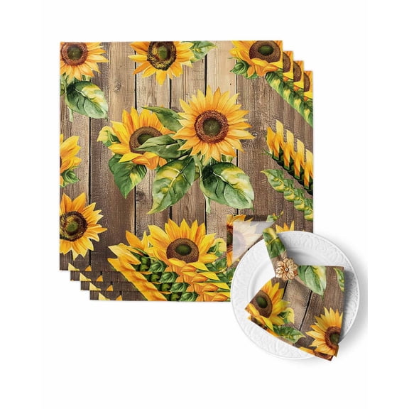 Cloth Napkins Watercolor Sunflower Green Leaf Washable Soft Kitchen Dinner Napkin Set of 4,Farm Brown Wooden Board Reusable Cocktail Napkins for Wedding Holiday Party Event,20x20In