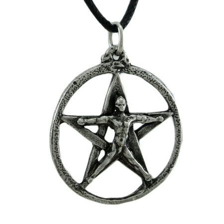 Silver Finished Pentacle Man Pendant W/ Cord Necklace
