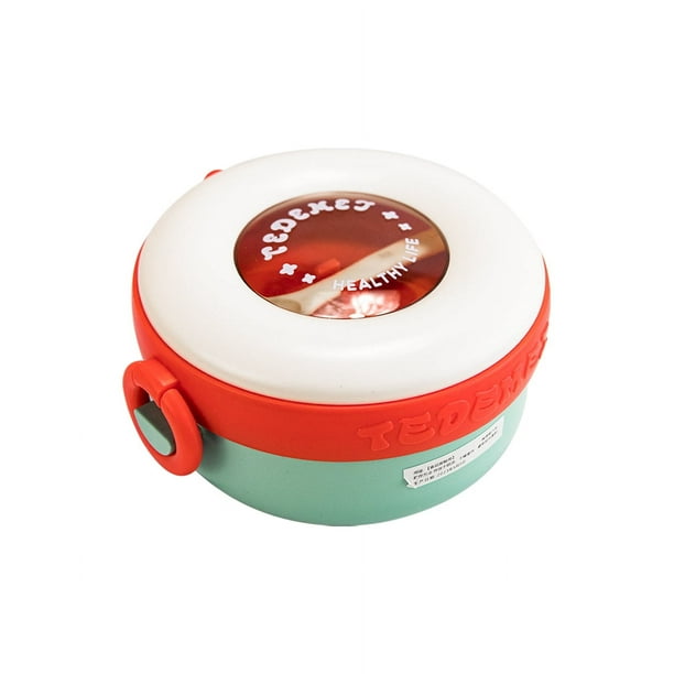 LONCHERA CON COMPARTIMENTO DESMONTRABLE, Acero inoxidable, libre de BPA, 2 seguros laterales, agarradera de goma, ideal para microondas, incluye tijeras y cuchara de plástico.
