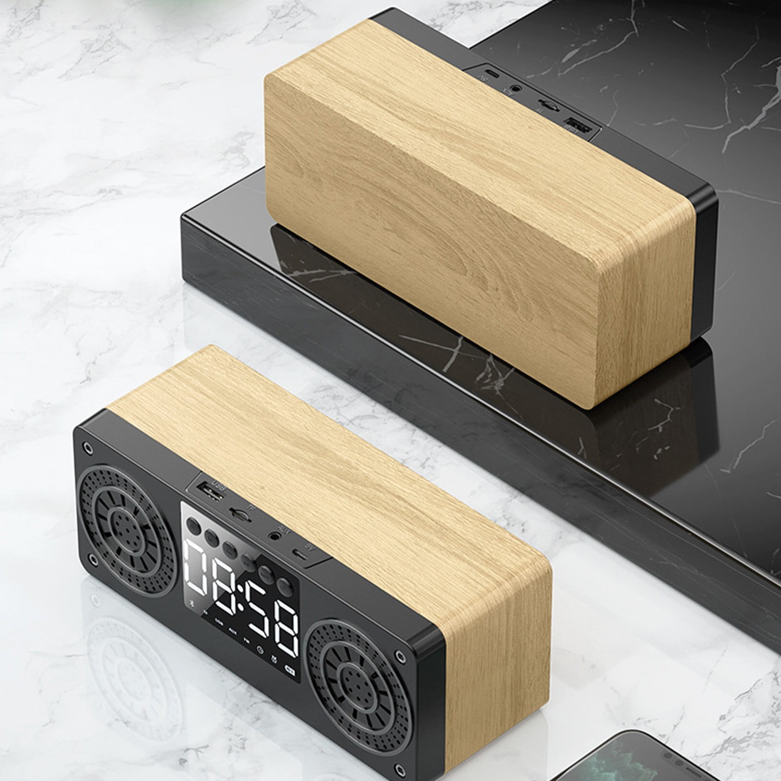 maho A10 Wooden Clock Multi-function Bluetooth Audio U Disk Card Gift Gift Mobile Phone Computer Speaker Bluetooth Speaker for Gift, Shower, Party, Home, Travel