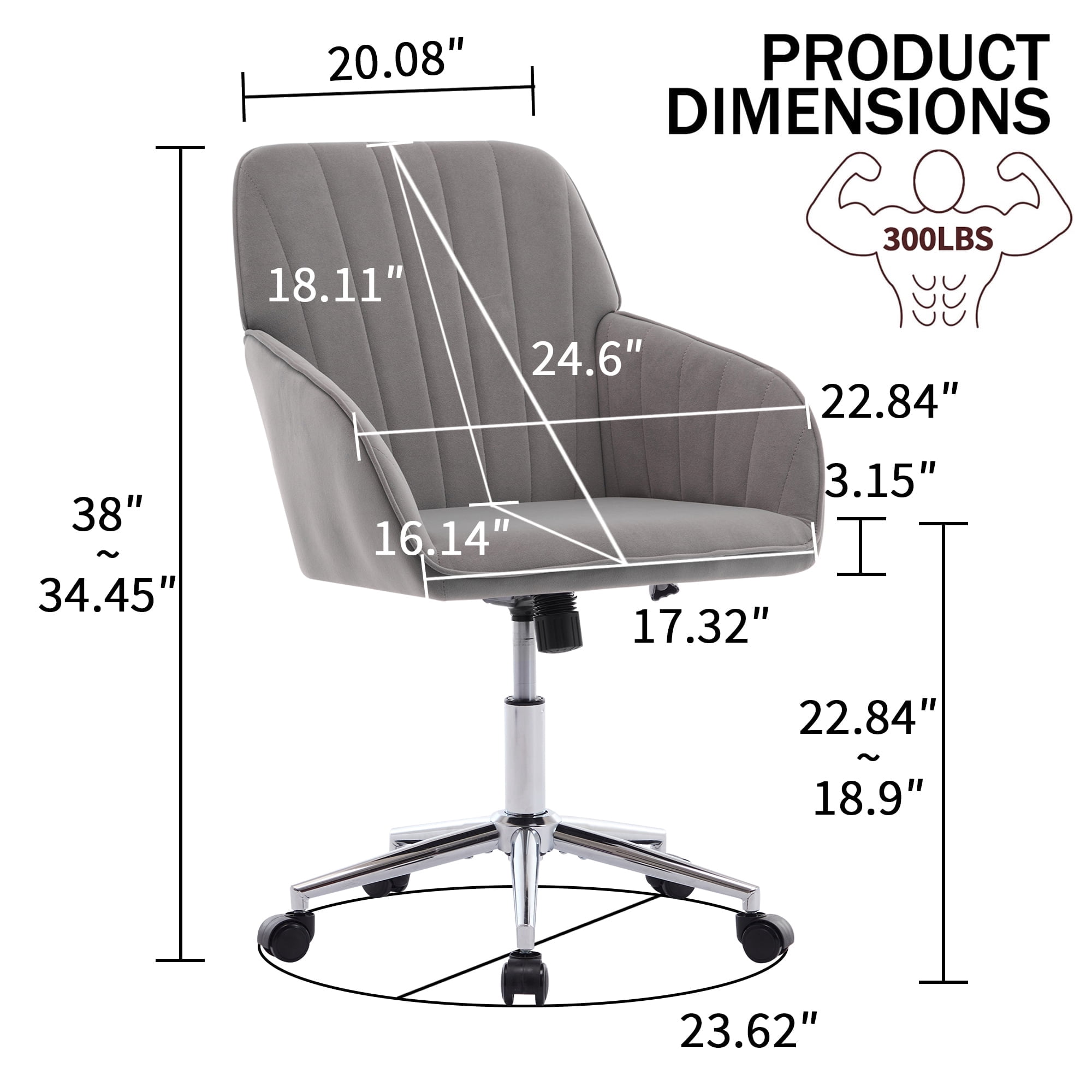 Ergonomic Office Chair with Adjustable Height，Velvet Swivel Desk Chair with Lumbar Support and Memory Foam Seat，Gray Home Office Chair for Long Sitting Comfort