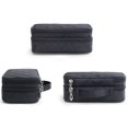 thumbnail image 5 of Bolsa de maquillaje pequeña, bolsa de cosméticos para mujer, organizador de maquillaje de viaje de 2 capas, bolso negro, capacidad compacta para uso diario, soporte para brochas de maquillaje, nailon, 5 of 5