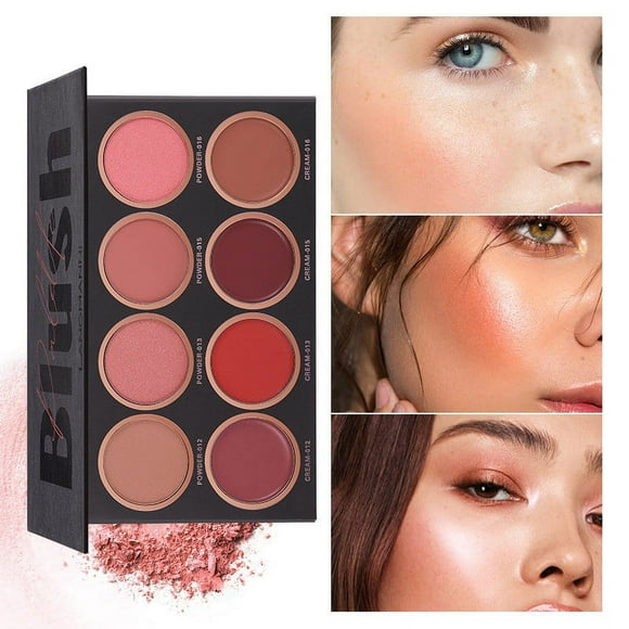 EARKITY 8 Colors Face Blush Palette, 4 Color Mineral Blush Powder & 4 Color Cream Blusher, Matte & Shimmer Finishes Color from Light to Dark for Cheek and Eye Makeup, Long Wearing, Lightweight