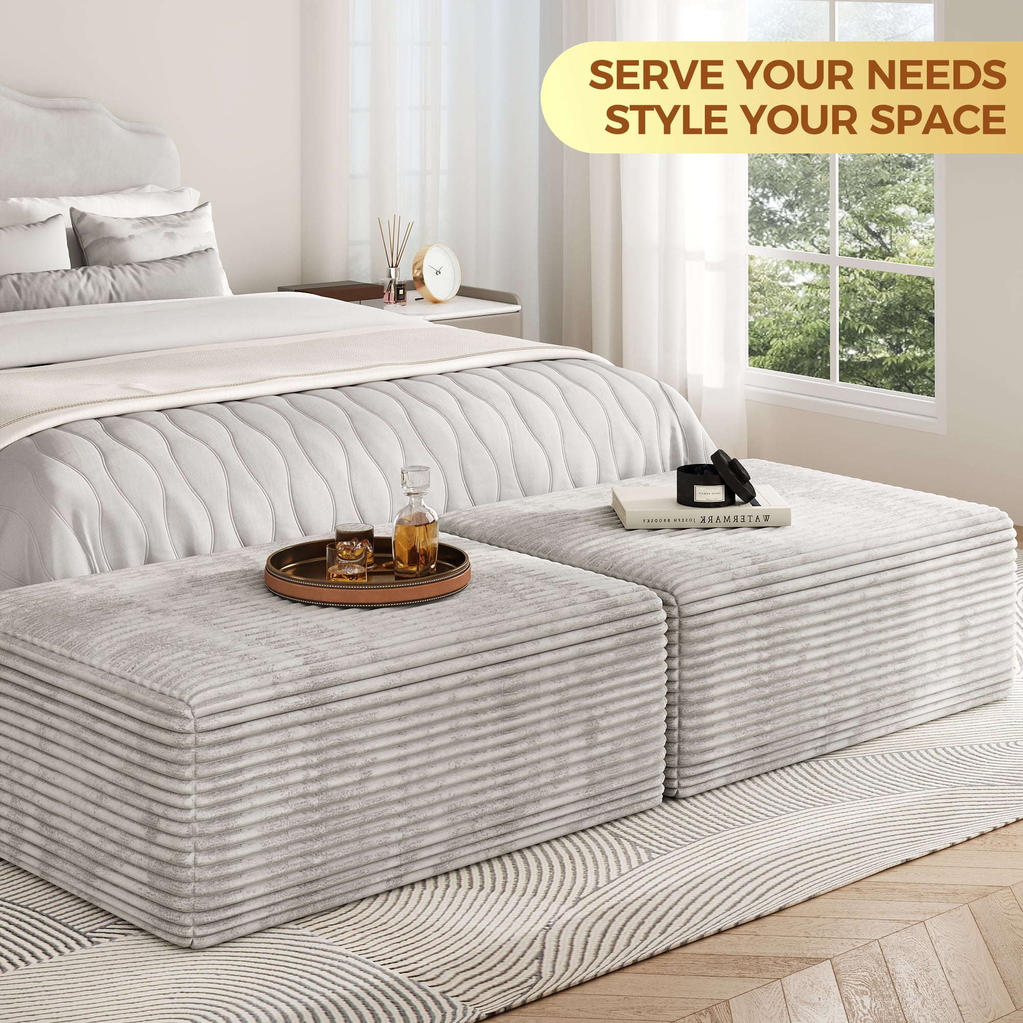 Large Oversized Ottoman Bench for Living Room, Extra Seating & Coffee Table for Sofa, Plush Corduroy Pouf Footrest, No Assembly Needed, Rectangle Floor Ottoman, (Oyster White)