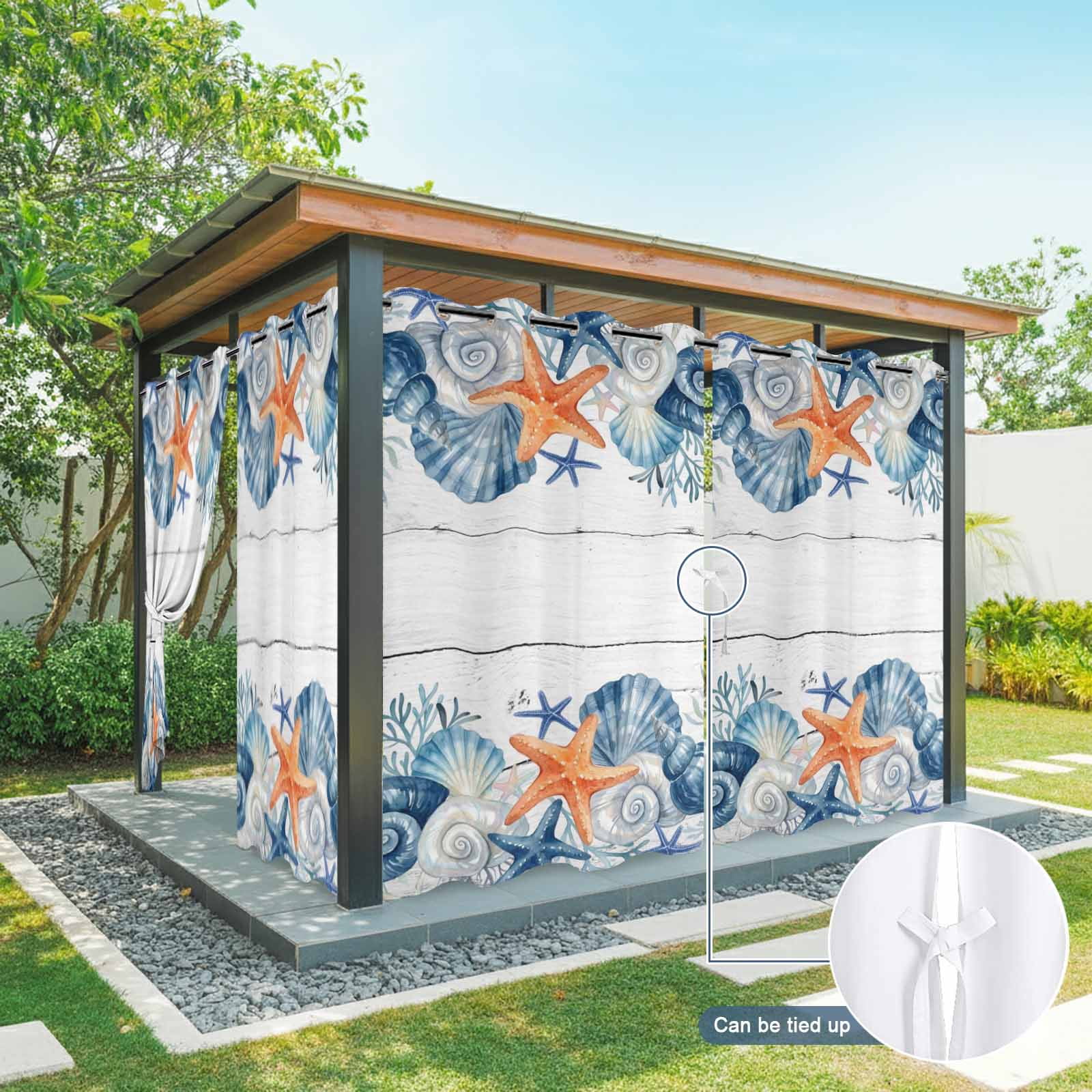 Summer Sea Shell Outdoor Curtains for Patio, Nautical Ocean Watercolor Starfish Coral Wood Grain Sunshade Privacy Drapes Grommet Waterproof Outside Curtains for Porch Balcony 54"x 108", 1 Panel