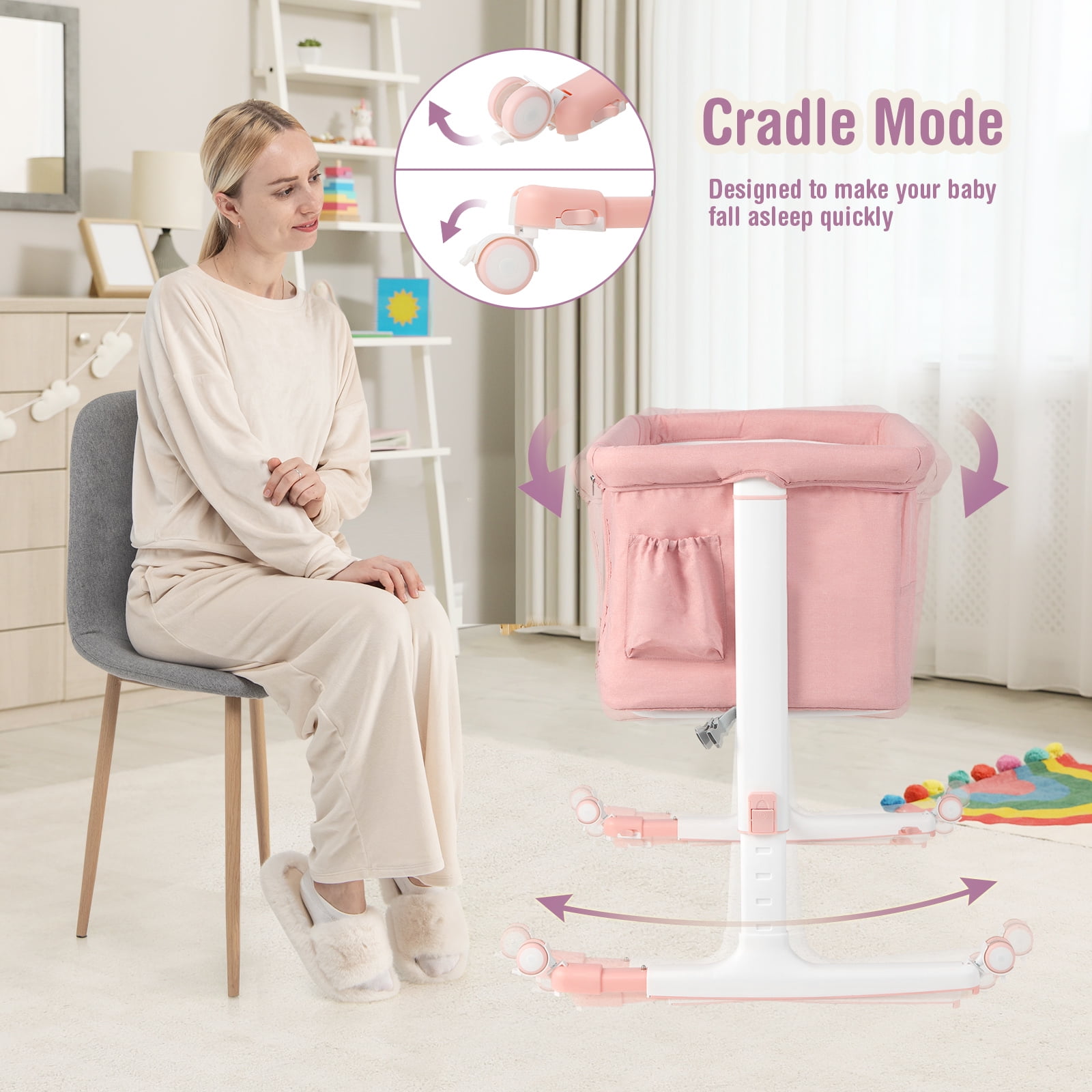 Infans 3-in-1 Baby Bassinet Beside Crib with 5-Level Adjustable Heights Pink