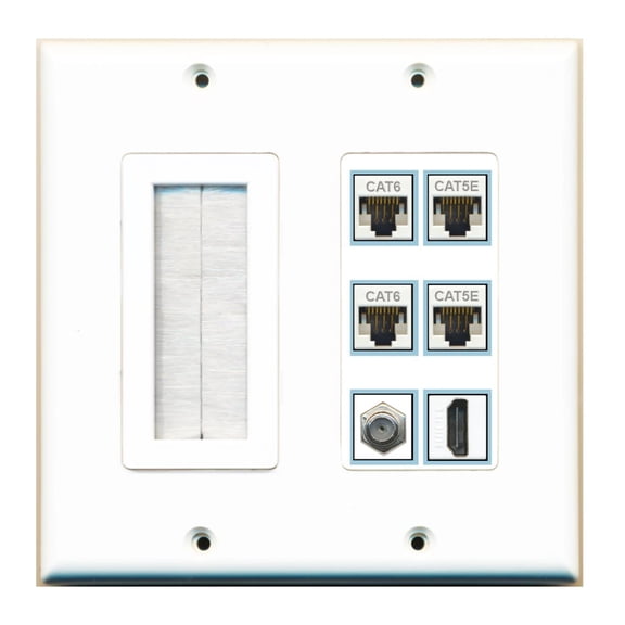 Ultra Spec Cables 6 Port Custom Keystone Wall Plate 2 Gang w/Brush Insert