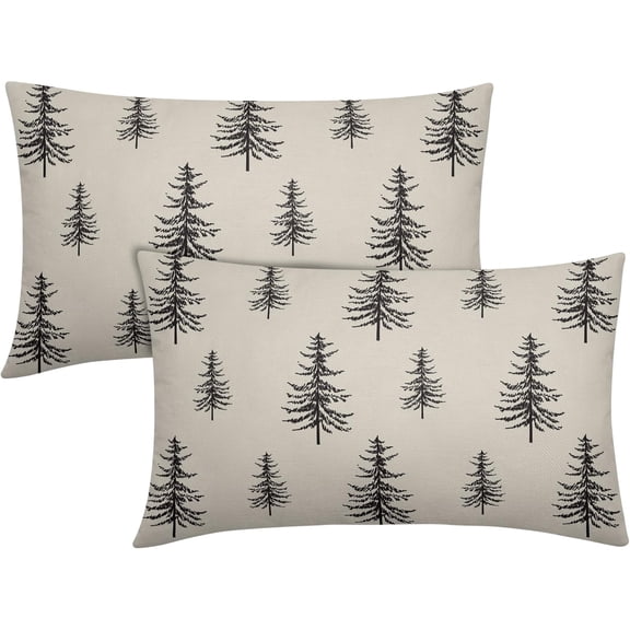 Christmas Tree Lumbar Pillow Covers 12x20 Set of 2 Black Xmas Vintage Winter Print Decorative Outdoor Linen Throw Pillows Cases Cushion Cover Rustic Holiday Decoration Farmhouse Sofa Couch Bed Decor