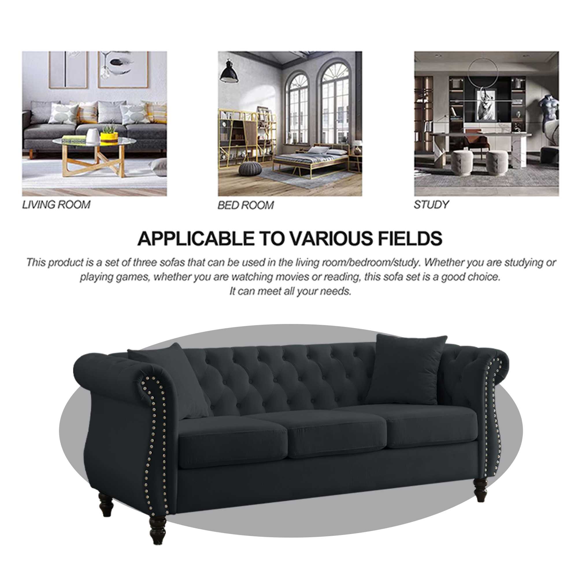 Mid-Century 80"L Couch, 3-Seat Couches and Sofas, Upholstered Sofa with Thicked Cushions, Modern Sofa with Wood Legs, Heavy Duty Couch Furniture for Home Living Room, 80"L x 29"W x 30"H, Black