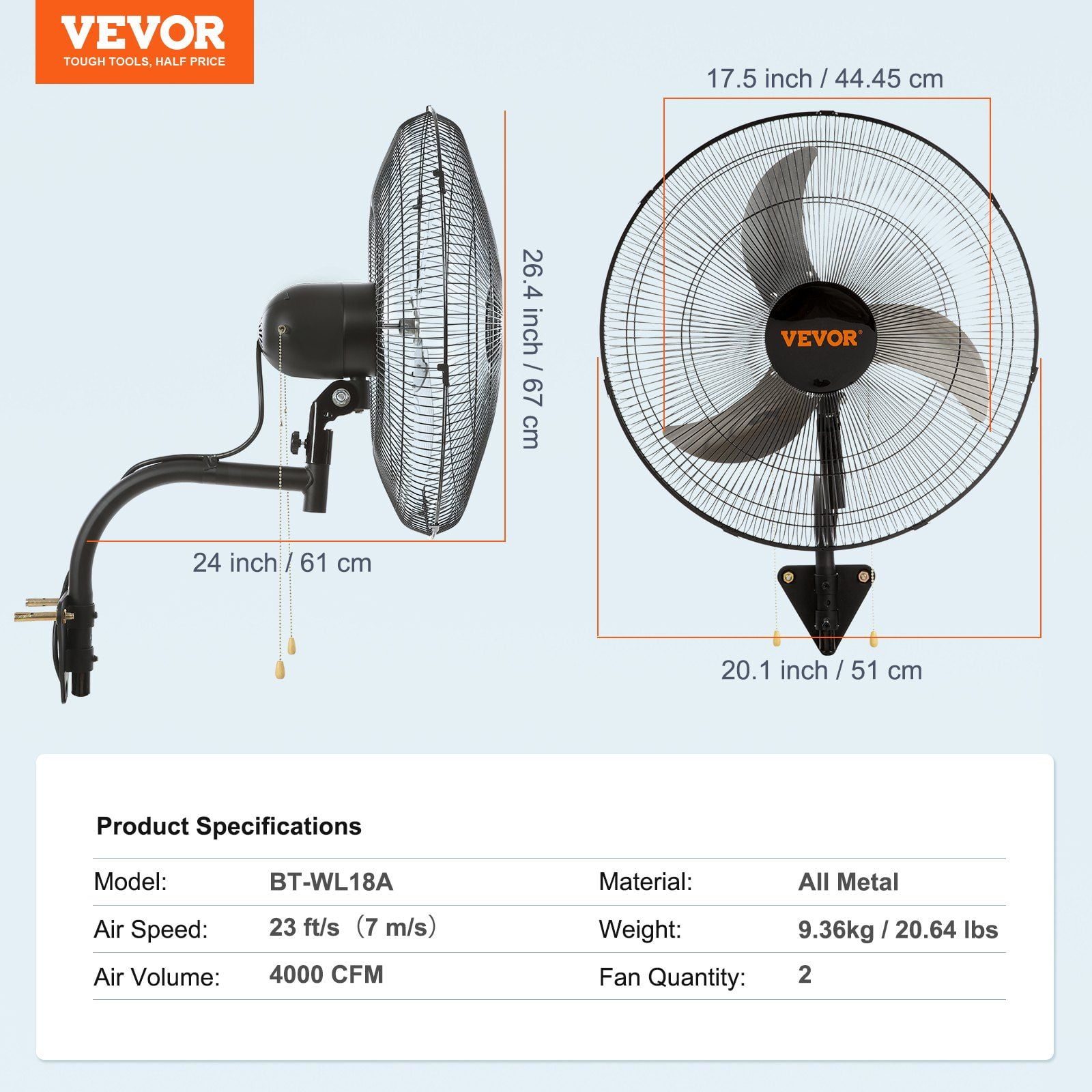 Wall Mount Fan 18 Inch 2 Pack, Oscillating Industrial Fans 3 Speed High Velocity 4000 CFM for Warehouse, Garage, Basement, Workshop, Commercial & Residential