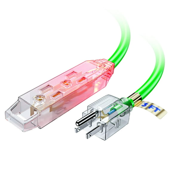 Extension Cord 3 ft, Extension Cord with Multiple Outlets and Lit Ends,16 Gauge (Green) ETL Listed