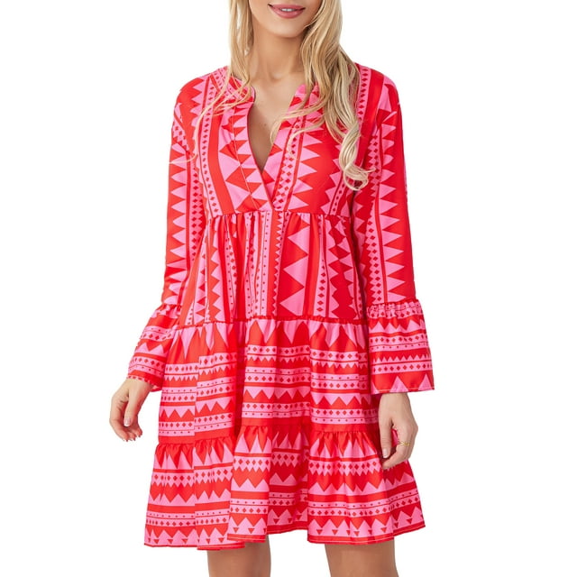 Lucakuins mujeres vestido fluido Casual contraste Color suelto cuello en V manga larga vestido de fiesta para playa cóctel Club ropa de calle Lucakuins moda