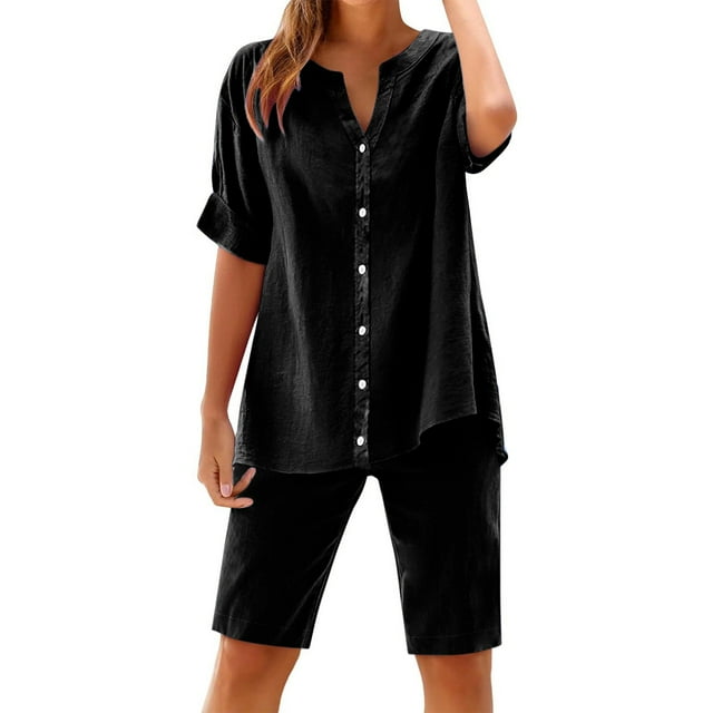 Women Summer Cotton Linen Short Sets Short Sleeve Button Down Shirts Matching Sets Lounge Beach Vacation Tracksuits
