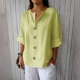 thumbnail image 2 of FAVIPT Womens Cotton Linen Shirts 3/4 Sleeve Plus Size Summer V Neck Tops Button Loose Vacation Beach Solid Blouses Tunic Top 2025 Yellow,XXXL, 2 of 7