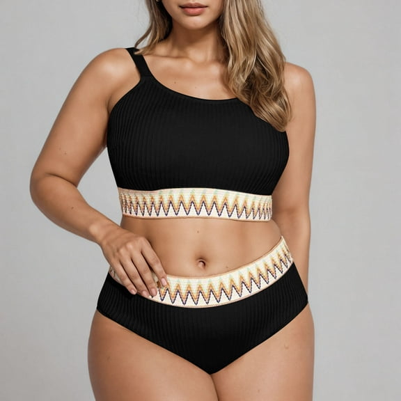 Fnooota Plus Size Swimsuit for Women, Quick-Dry 2 Piece High Waisted Bikinis Bathing Suits Black Size 3XL