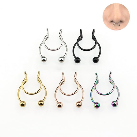 Nose Jewelry 5PC 8mm Stainless Steel Clip Gold Face Septum Nose Rings Stud Non Piercing Accessories