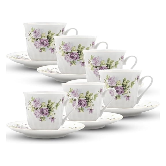 Lynns Lucinda Porcelain Tea Cup and Saucer with Trim, Set of 6; Vintage Floral