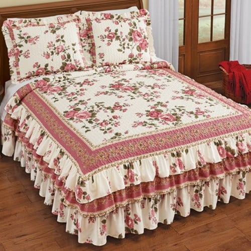 Rose Floral Triple Ruffle Quilted Bedspread-Rose-Queen - Walmart.com