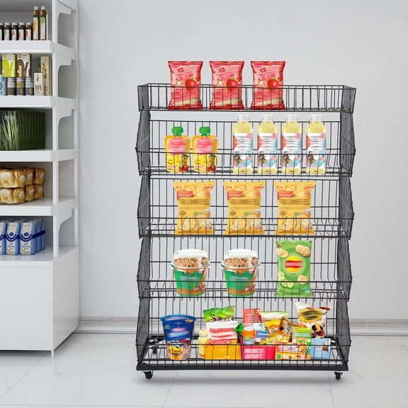 Black Retail Display Rack 5-Tier Retail Display Rack Retail Display Shelf with Wheels for Supermarkets